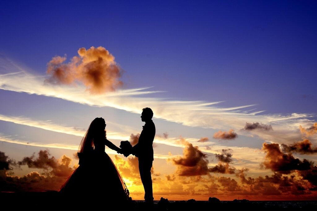 sunset, wedding, silhouettes, marriage, newlyweds, bride, groom, holding hands, couple, bridal, sky, clouds, dusk, romantic,